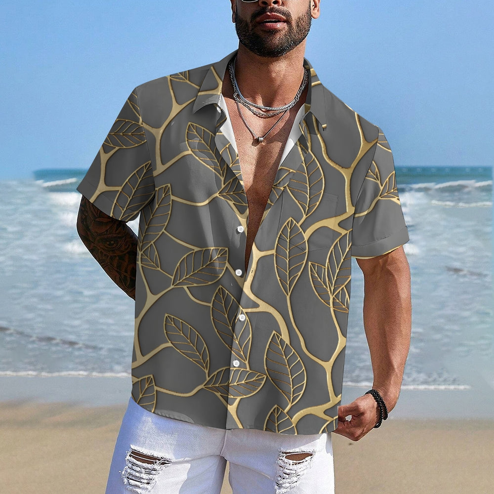 Men's Plant Leaves Gold Edge Casual Short Sleeve Shirt 2402000067