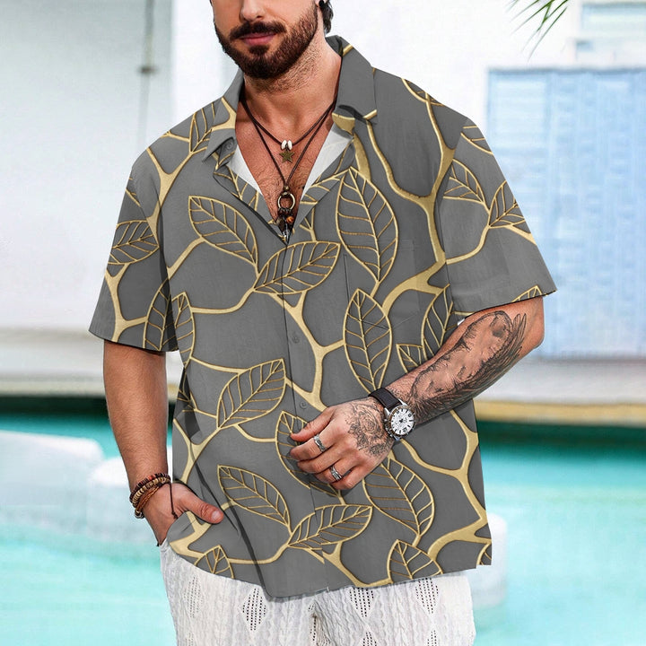 Men's Plant Leaves Gold Edge Casual Short Sleeve Shirt 2402000067