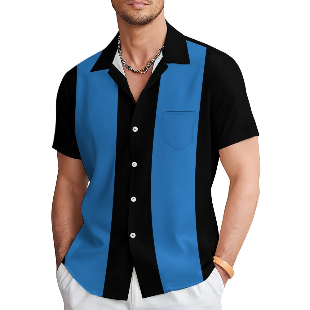 Men's Retro 50s Style Black Blue Classic Bowling Shirt Short Sleeve Shirt 2307100610