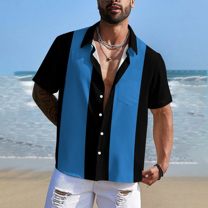 Men's Retro 50s Style Black Blue Classic Bowling Shirt Short Sleeve Shirt 2307100610