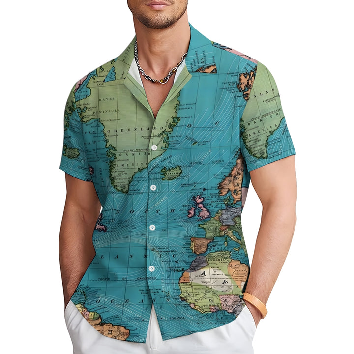 Men's World Map Breathable Casual Fashion Chest Pocket Short Sleeve Shirt 2307101611