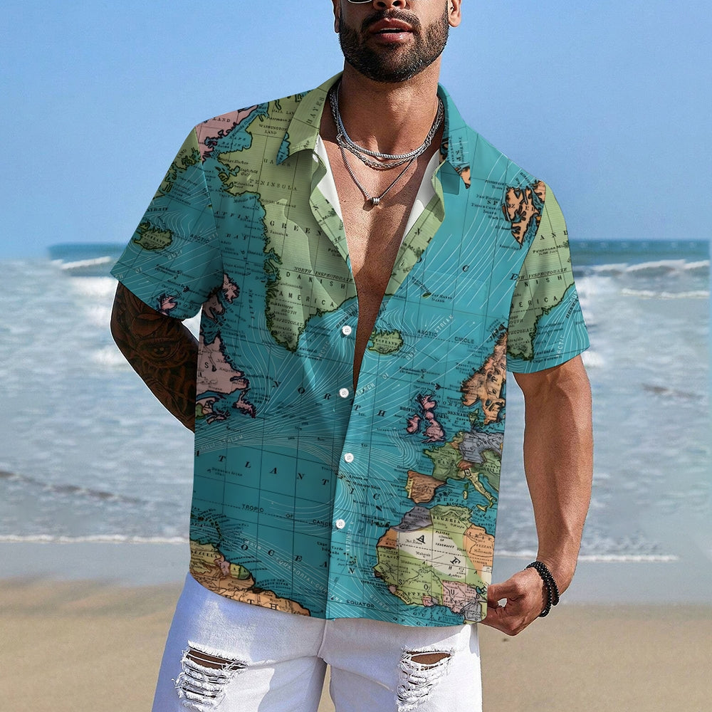 Men's World Map Breathable Casual Fashion Chest Pocket Short Sleeve Shirt 2307101611