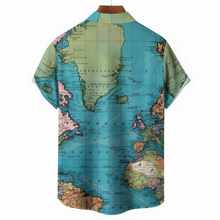 Men's World Map Breathable Casual Fashion Chest Pocket Short Sleeve Shirt 2307101611