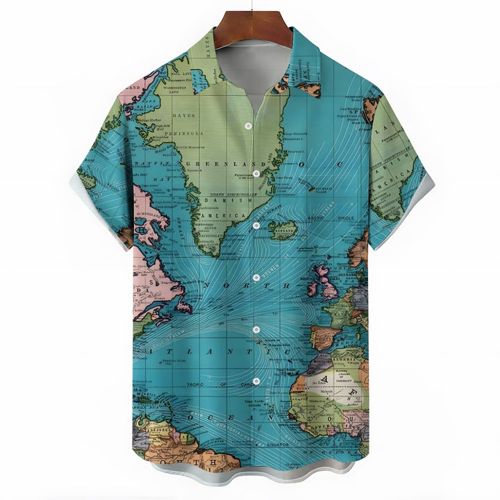 Men's World Map Breathable Casual Fashion Chest Pocket Short Sleeve Shirt 2307101611