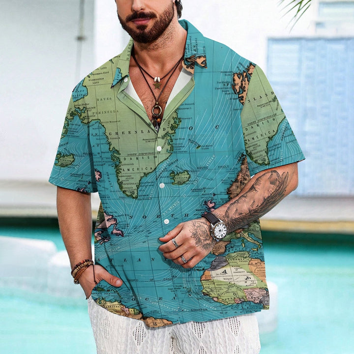 Men's World Map Breathable Casual Fashion Chest Pocket Short Sleeve Shirt 2307101611