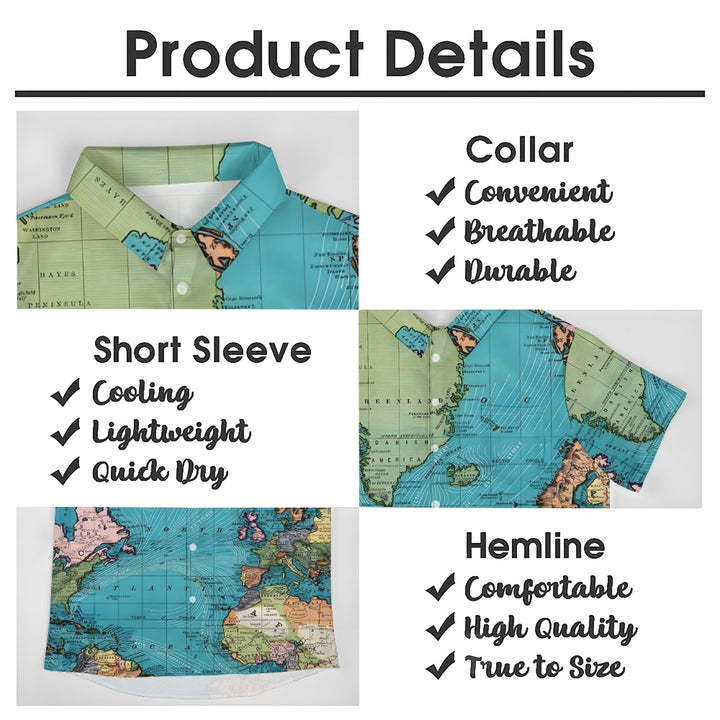 Men's World Map Breathable Casual Fashion Chest Pocket Short Sleeve Shirt 2307101611