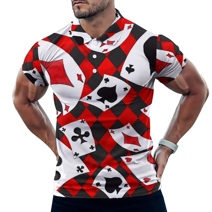 Men's Button-Down Short Sleeve Poker Print Polo Shirt 2312000161