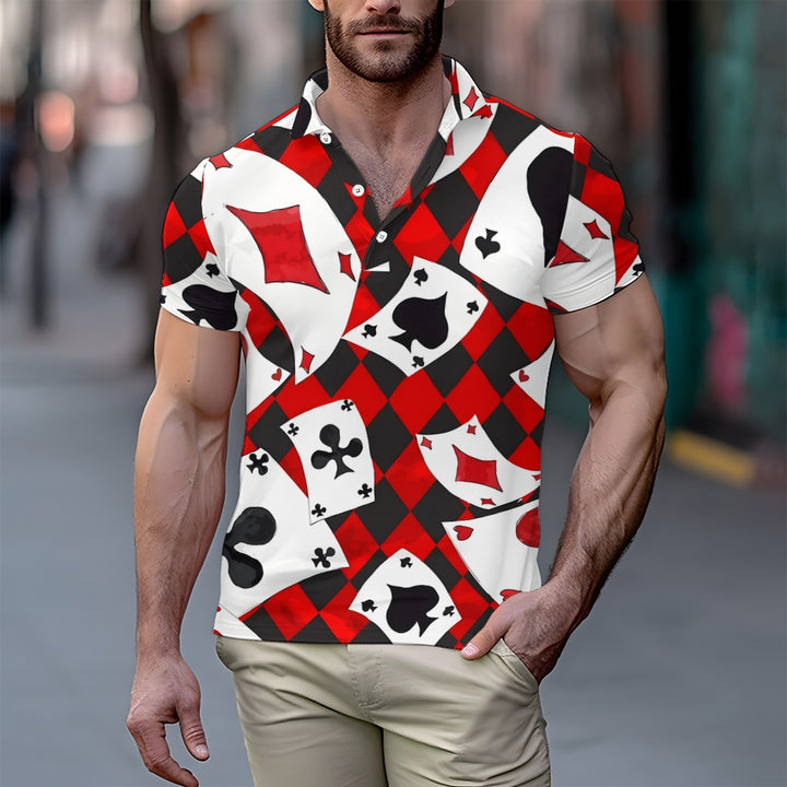 Men's Button-Down Short Sleeve Poker Print Polo Shirt 2312000161