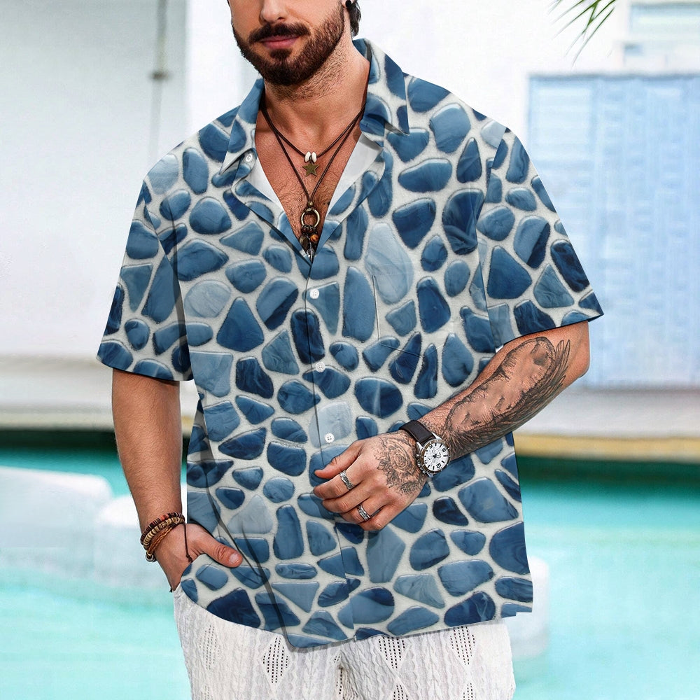 Men's Blue Pebble Print Casual Short Sleeve Shirt 2402000265