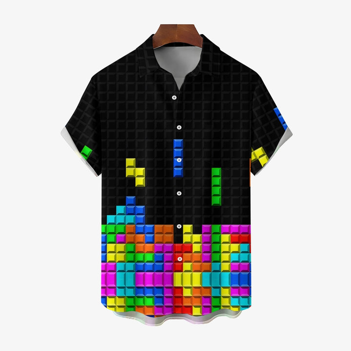 Men's Tetris Print Casual Short Sleeve Shirt 2306102366