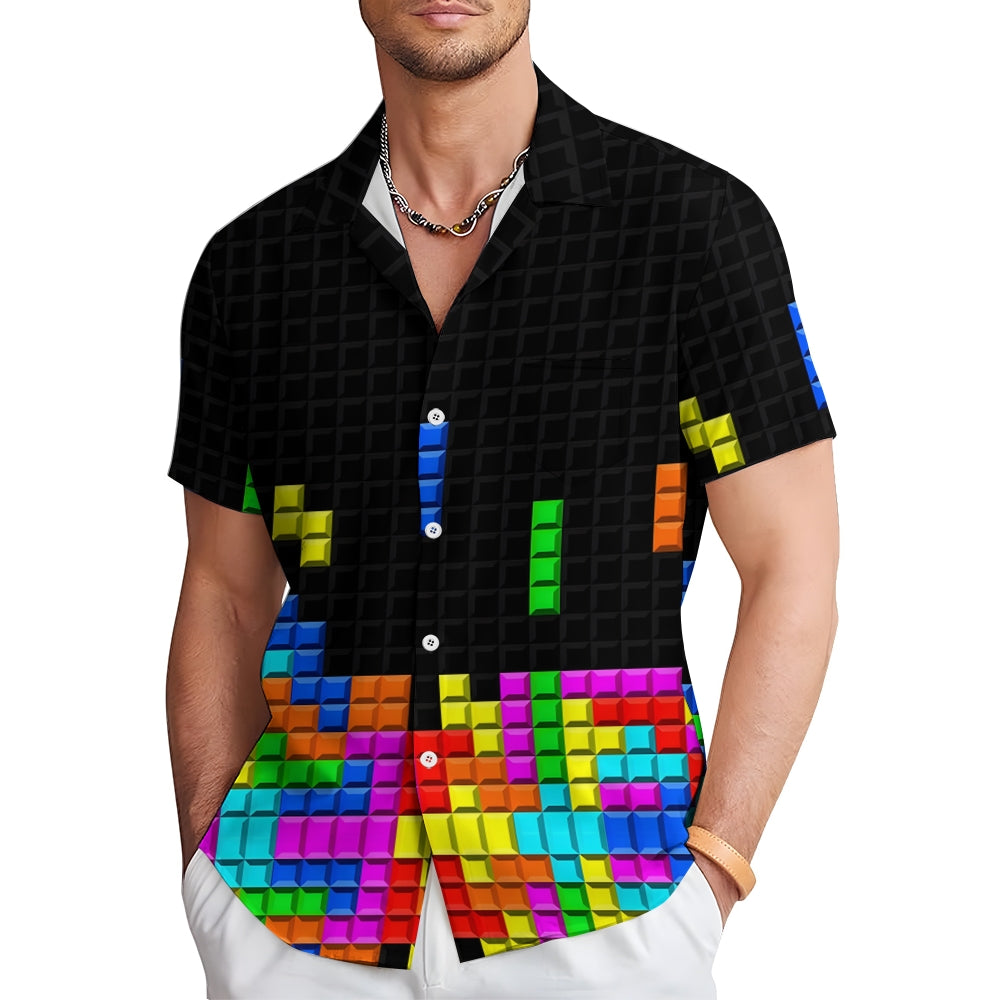 Men's Tetris Print Casual Short Sleeve Shirt 2306102366