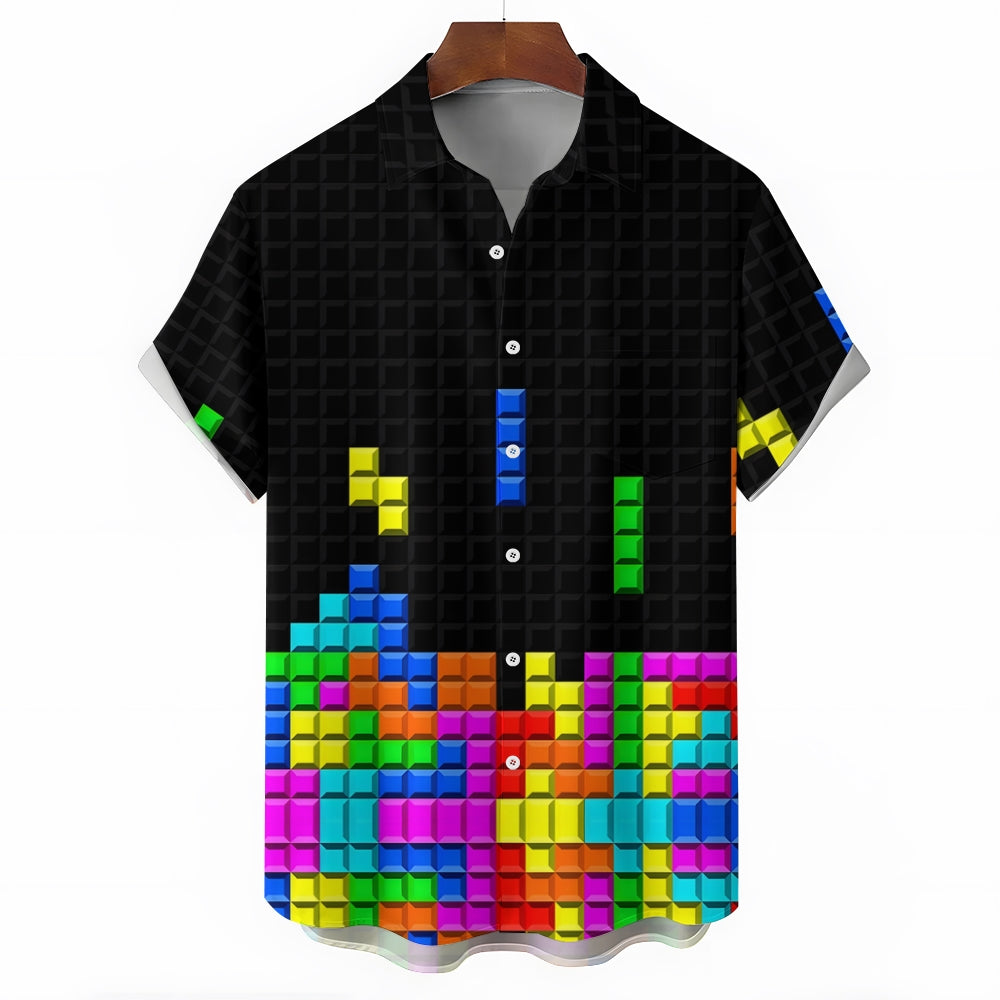 Men's Tetris Print Casual Short Sleeve Shirt 2306102366