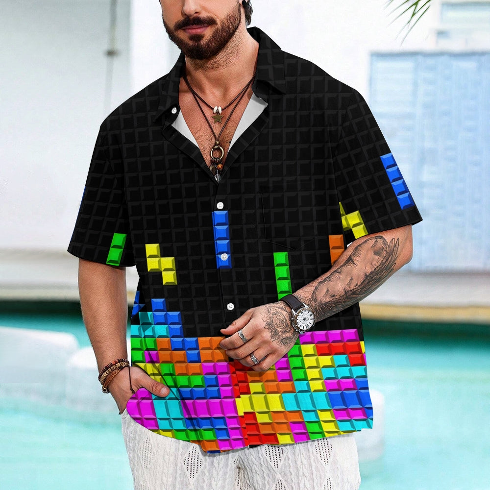 Men's Tetris Print Casual Short Sleeve Shirt 2306102366