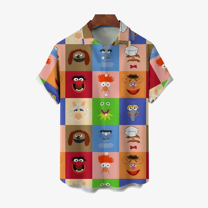 Color Block Splicing Cute Cartoon Portraits Cartoon Costumes Printing Short Sleeve Shirt 2401000336