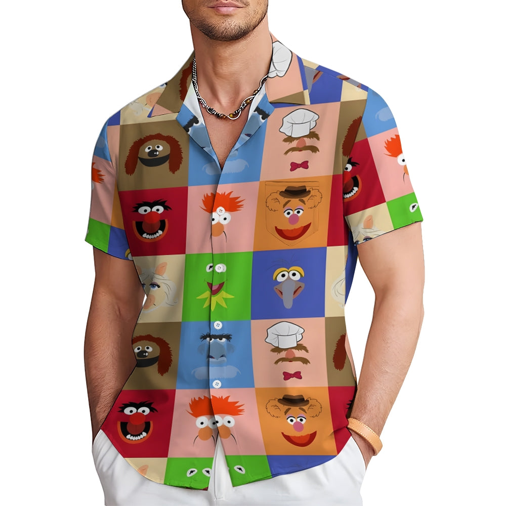 Color Block Splicing Cute Cartoon Portraits Cartoon Costumes Printing Short Sleeve Shirt 2401000336