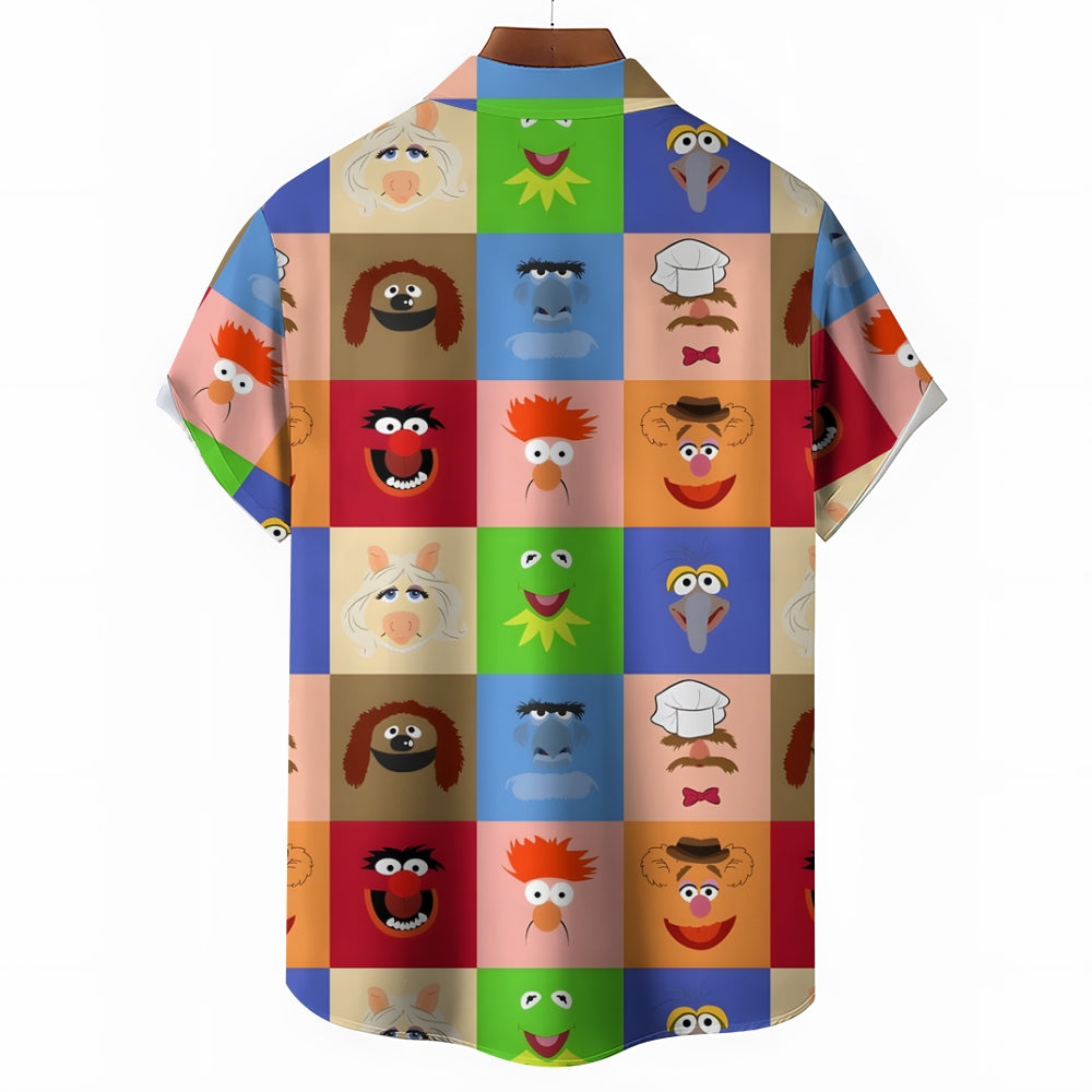 Color Block Splicing Cute Cartoon Portraits Cartoon Costumes Printing Short Sleeve Shirt 2401000336