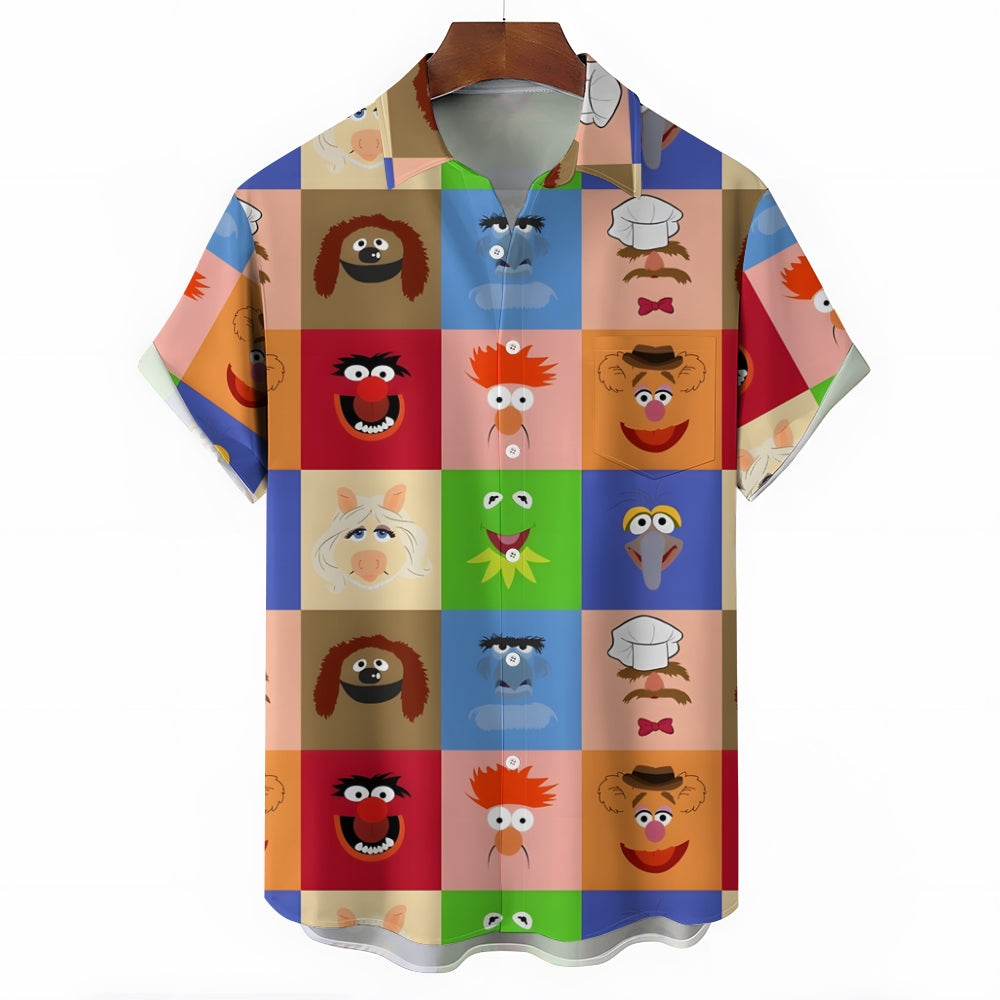 Color Block Splicing Cute Cartoon Portraits Cartoon Costumes Printing Short Sleeve Shirt 2401000336