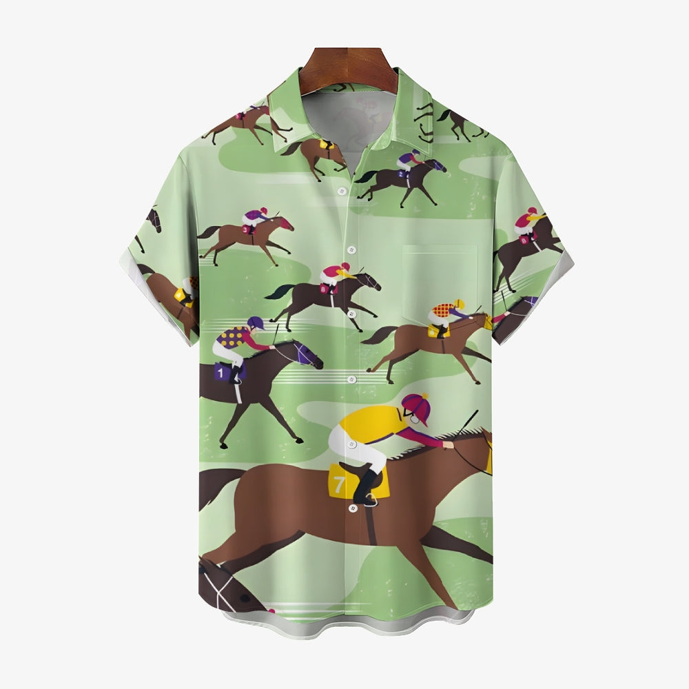 Horse Racing Theme Casual Short Sleeve Shirt 2402000006