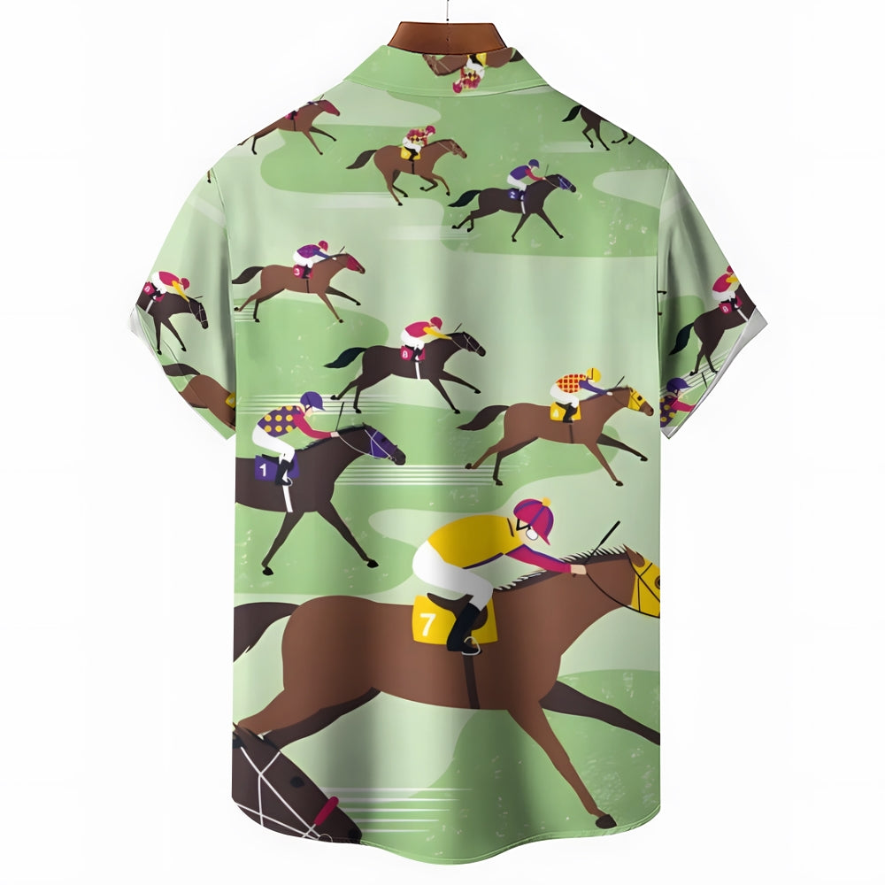 Horse Racing Theme Casual Short Sleeve Shirt 2402000006