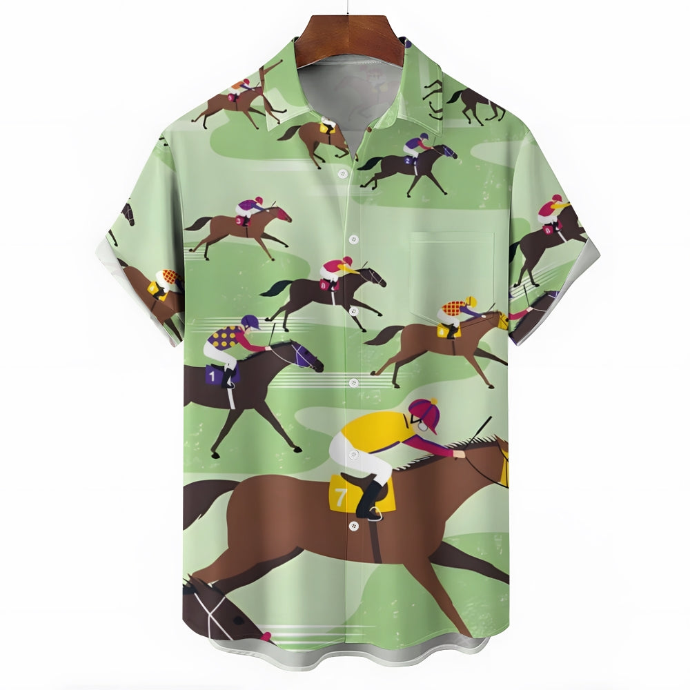 Horse Racing Theme Casual Short Sleeve Shirt 2402000006