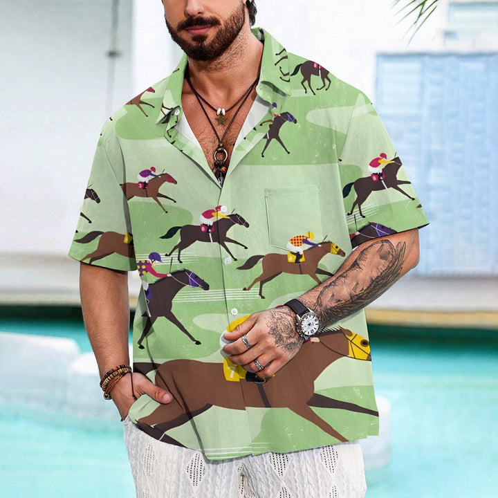 Horse Racing Theme Casual Short Sleeve Shirt 2402000006