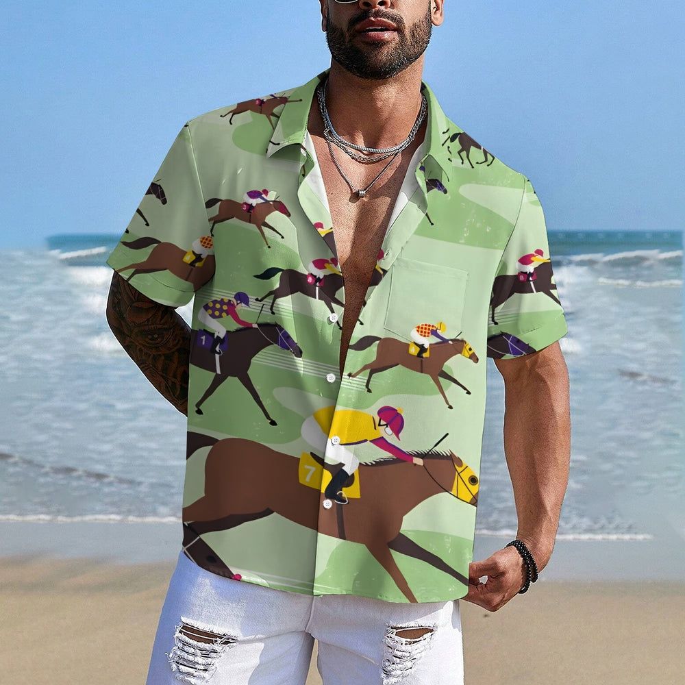 Horse Racing Theme Casual Short Sleeve Shirt 2402000006