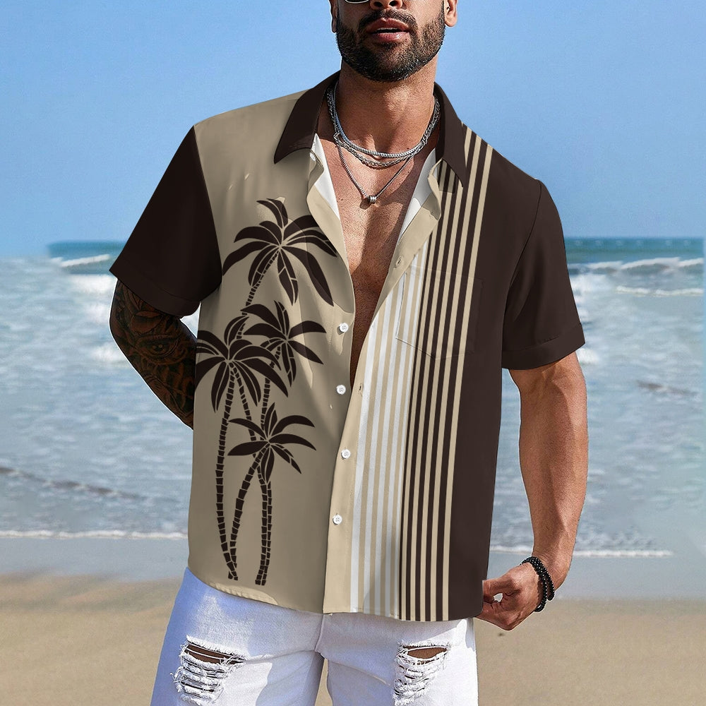 Men's Hawaiian Coconut Palm Stripes Casual Short Sleeve Shirt 2401000145