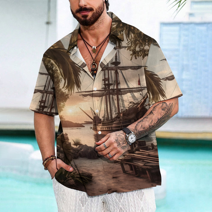 Men's Hawaiian Sailing Print Casual Short Sleeve Shirt 2306104247