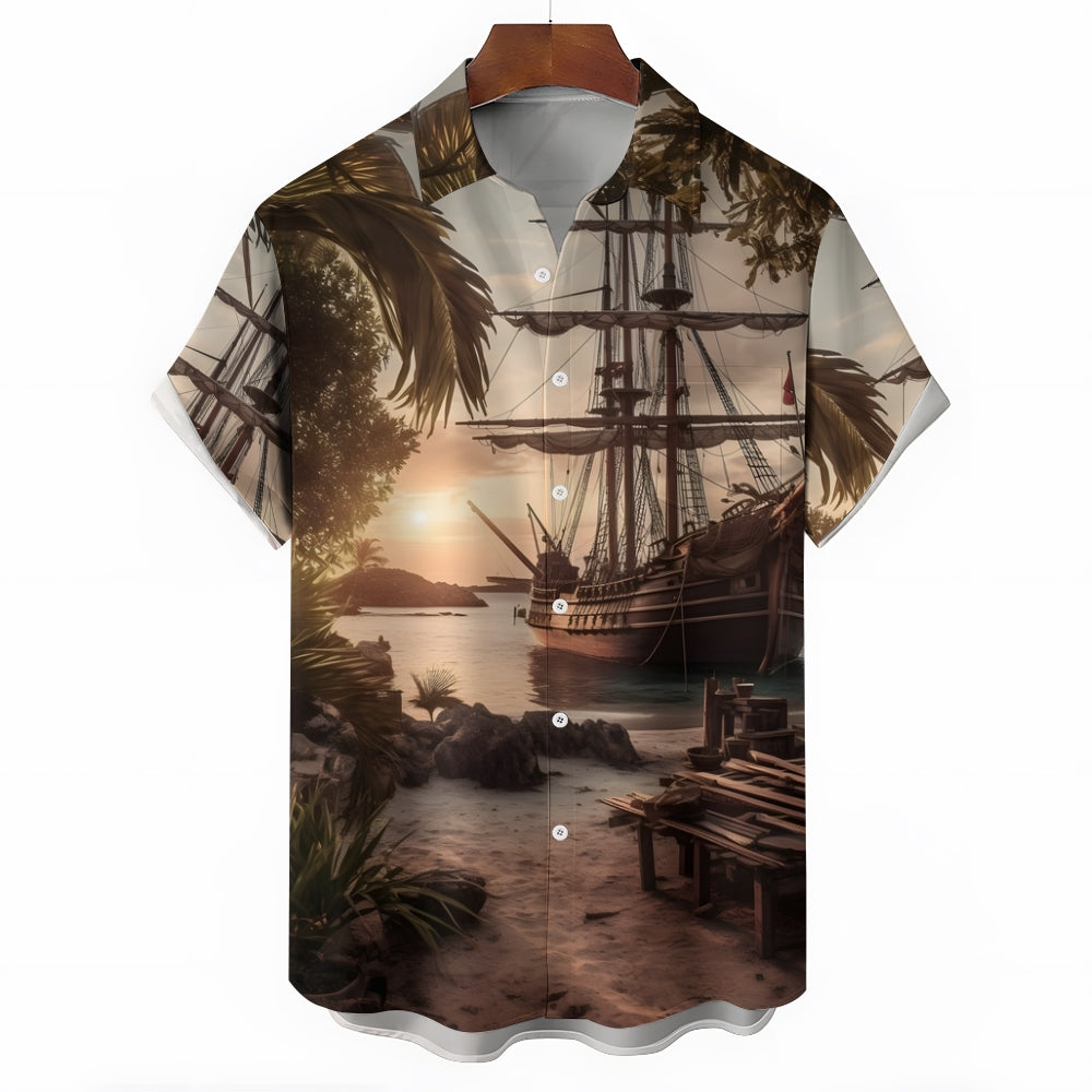 Men's Hawaiian Sailing Print Casual Short Sleeve Shirt 2306104247