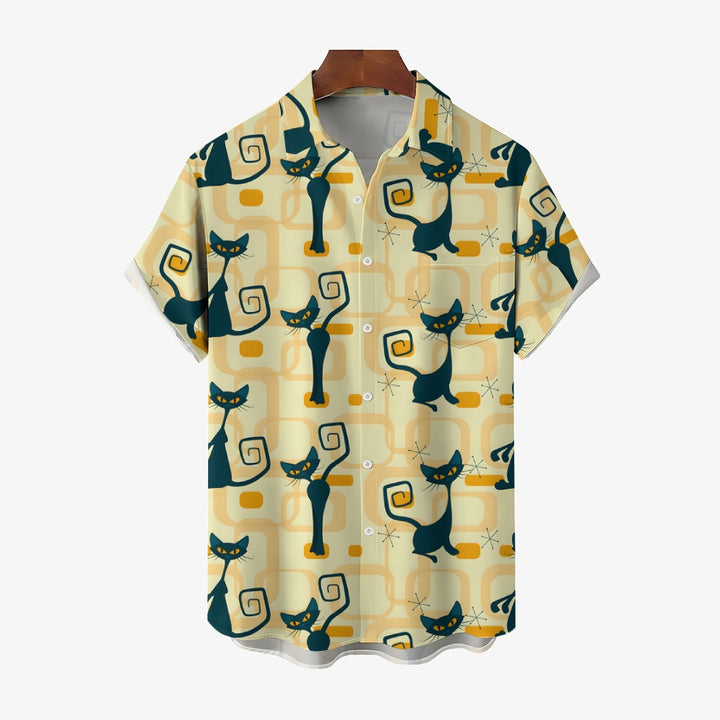 Geometric Cat Yellow Casual Short Sleeve Shirt 2402000144