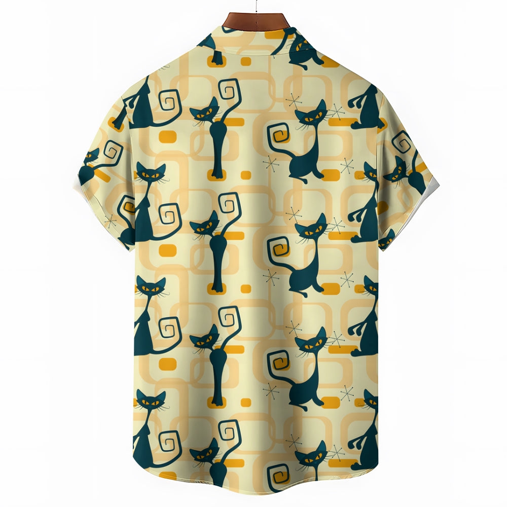 Geometric Cat Yellow Casual Short Sleeve Shirt 2402000144