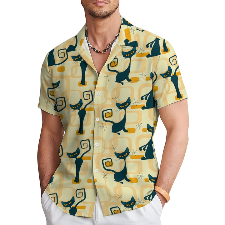 Geometric Cat Yellow Casual Short Sleeve Shirt 2402000144