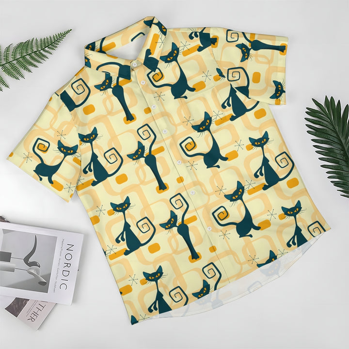 Geometric Cat Yellow Casual Short Sleeve Shirt 2402000144