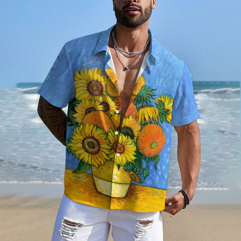 Men's Sunflower Scenery Casual Pattern Short Sleeve Shirt 2304103182