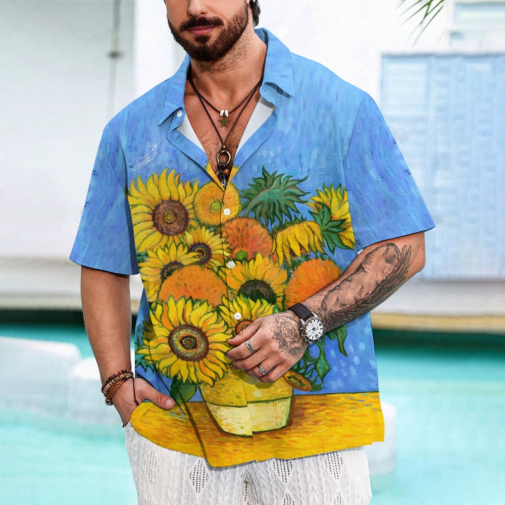 Men's Sunflower Scenery Casual Pattern Short Sleeve Shirt 2304103182