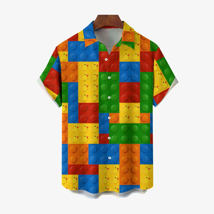 3D Building Blocks Little Yellow Duck Casual Short Sleeve Shirt 2311000659