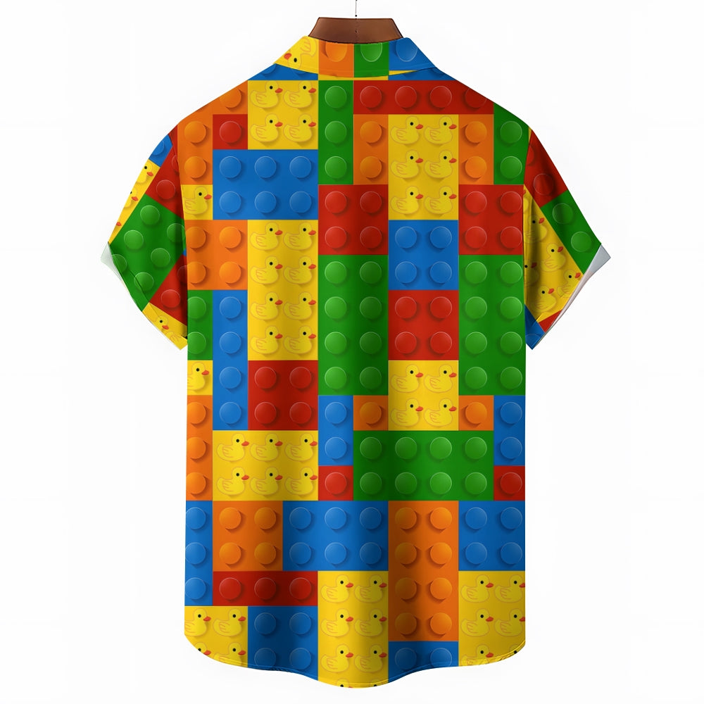 3D Building Blocks Little Yellow Duck Casual Short Sleeve Shirt 2311000659