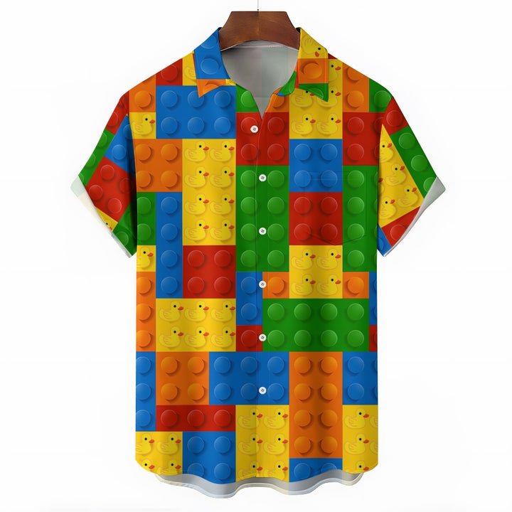 3D Building Blocks Little Yellow Duck Casual Short Sleeve Shirt 2311000659