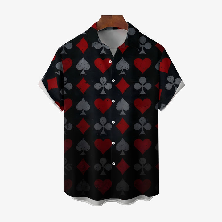 Poker Pattern Chest Pocket Casual Short Sleeve Shirt 2402000284