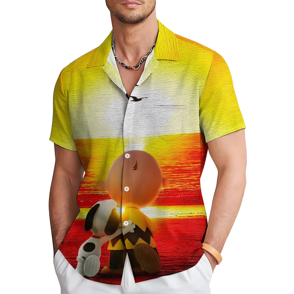 Men's Sunset Cartoon Character Casual Short Sleeve Shirt 2311000324