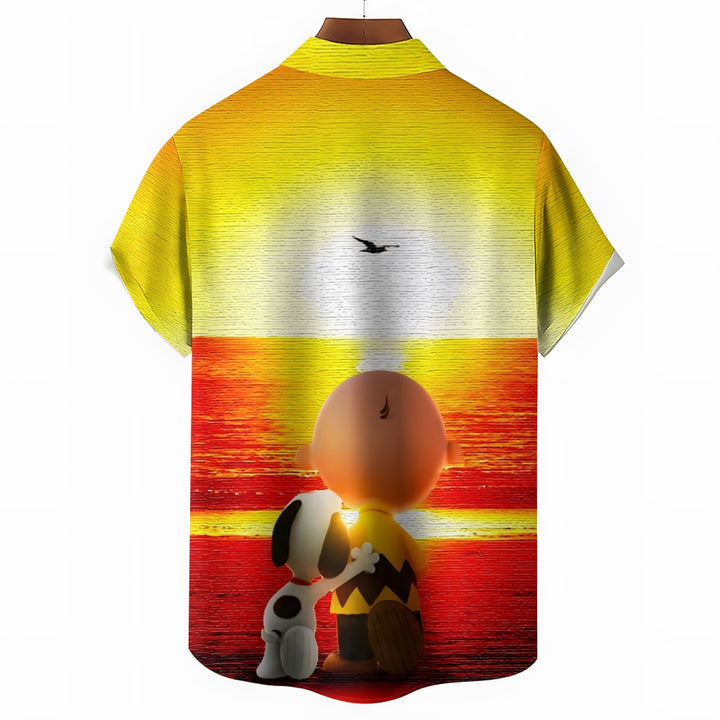 Men's Sunset Cartoon Character Casual Short Sleeve Shirt 2311000324