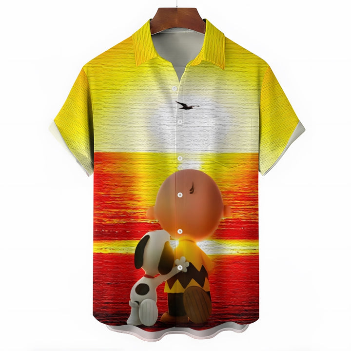 Men's Sunset Cartoon Character Casual Short Sleeve Shirt 2311000324