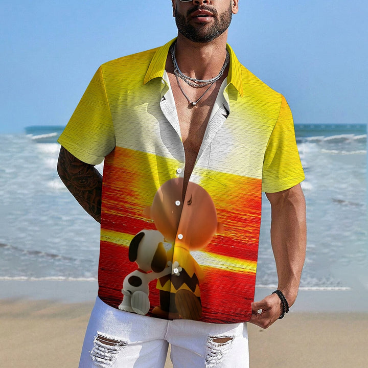 Men's Sunset Cartoon Character Casual Short Sleeve Shirt 2311000324