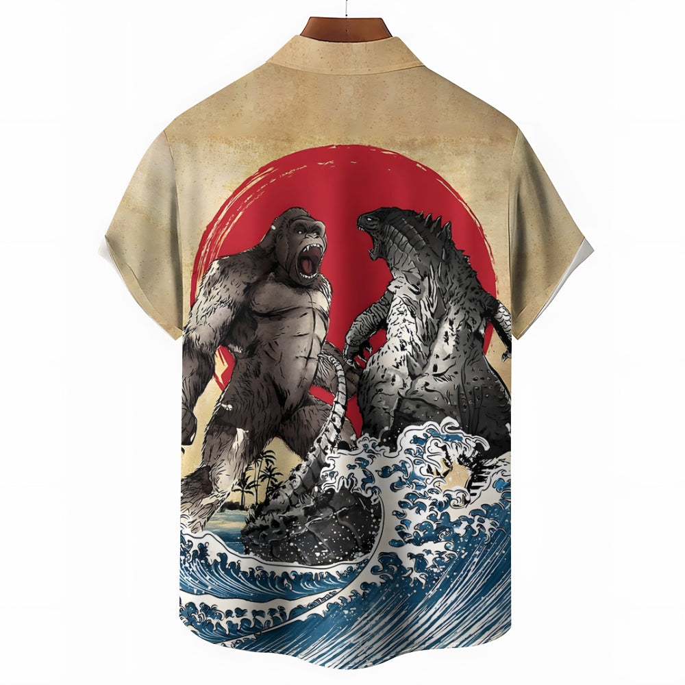 Men's Ancient Painting Ukiyo-E Godzilla Wars with Ocean Waves Short Sleeve Shirt 2311000391