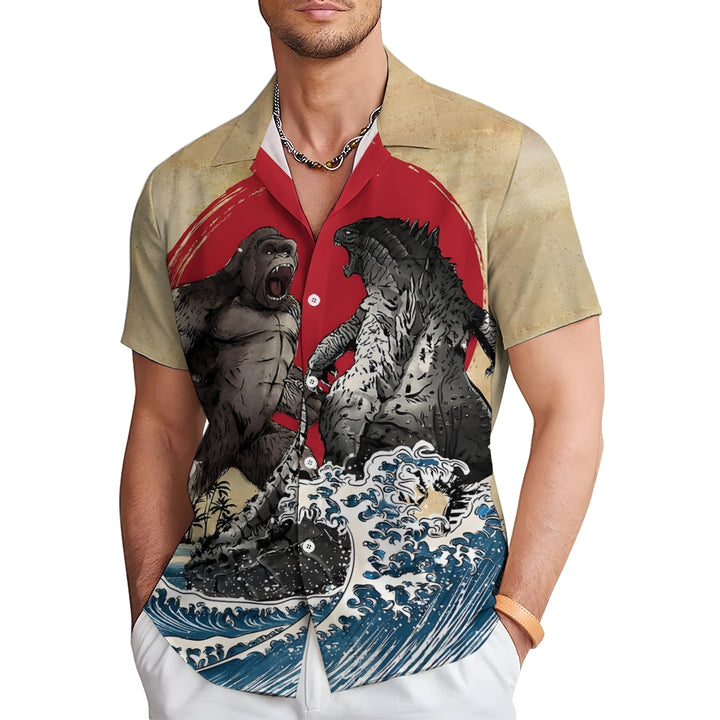 Men's Ancient Painting Ukiyo-E Godzilla Wars with Ocean Waves Short Sleeve Shirt 2311000391