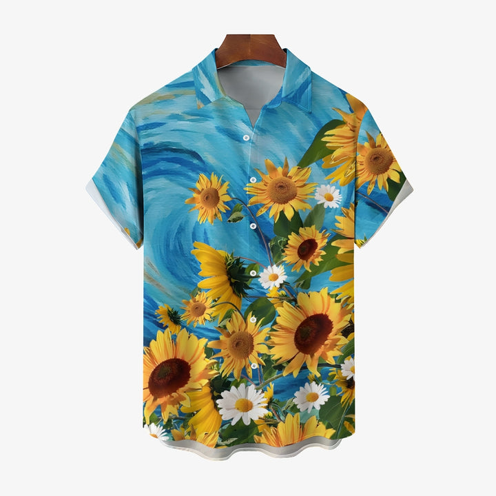 Men's Sunflower Floral Blue Short Sleeve Shirt 2305101773