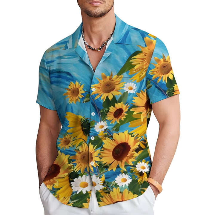 Herren-Kurzarmhemd mit Sonnenblumen-Blumenmuster, Blau, 2305101773