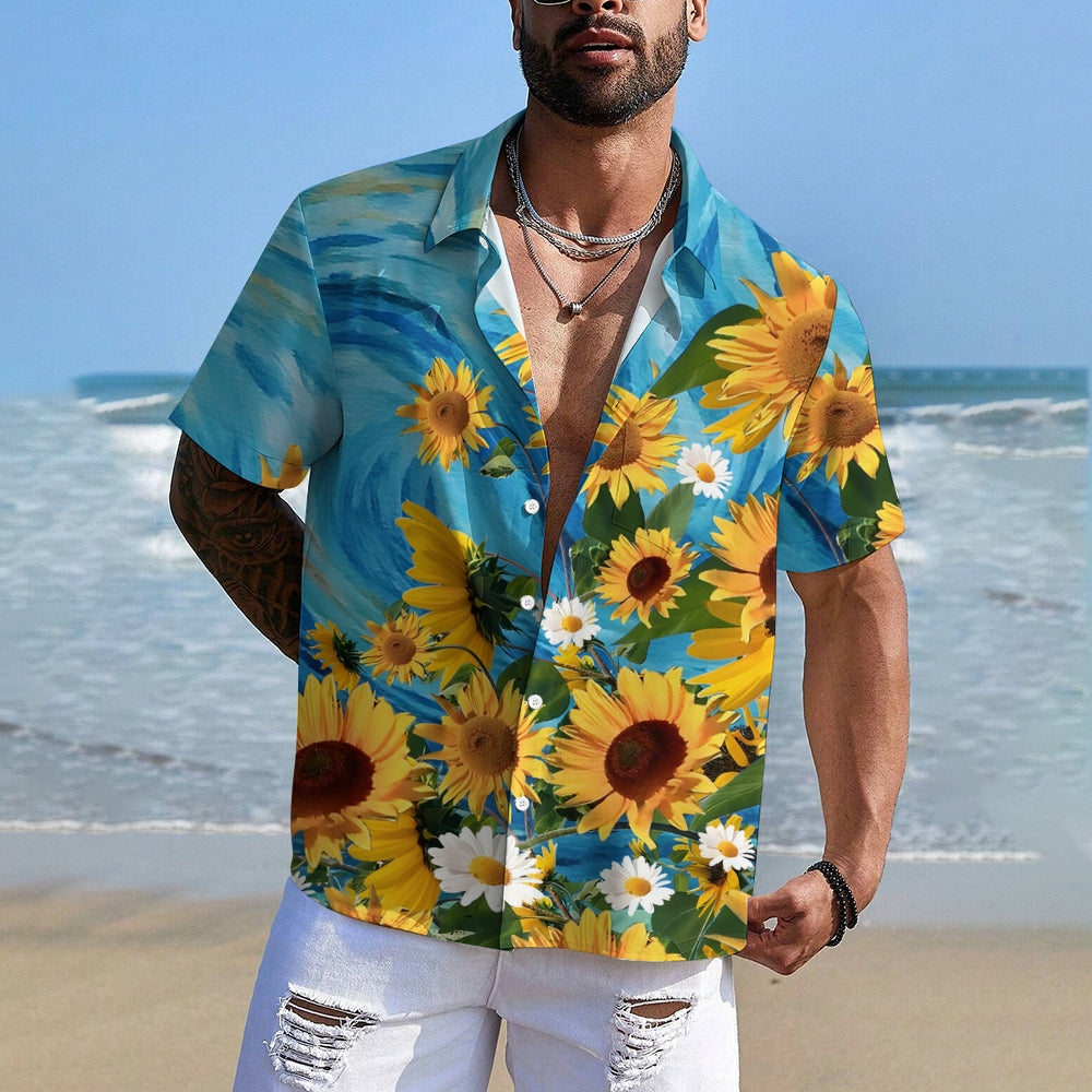 Chemise à manches courtes bleue à fleurs de tournesol pour homme 2305101773