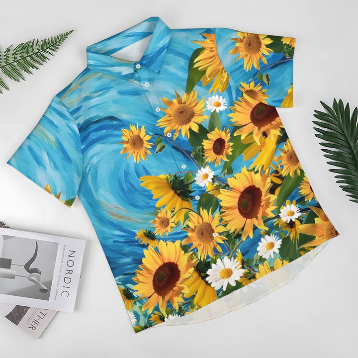 Herren-Kurzarmhemd mit Sonnenblumen-Blumenmuster, Blau, 2305101773