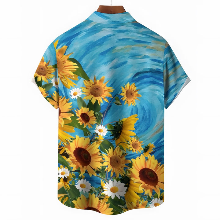 Men's Sunflower Floral Blue Short Sleeve Shirt 2305101773